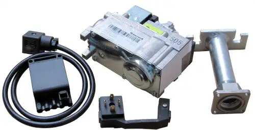 Bosch Umrüstset mit Motor, Steuergerät, Kabel und Adapter für Heizungsanwendungen. Komponenten in Metall und Kunststoff.